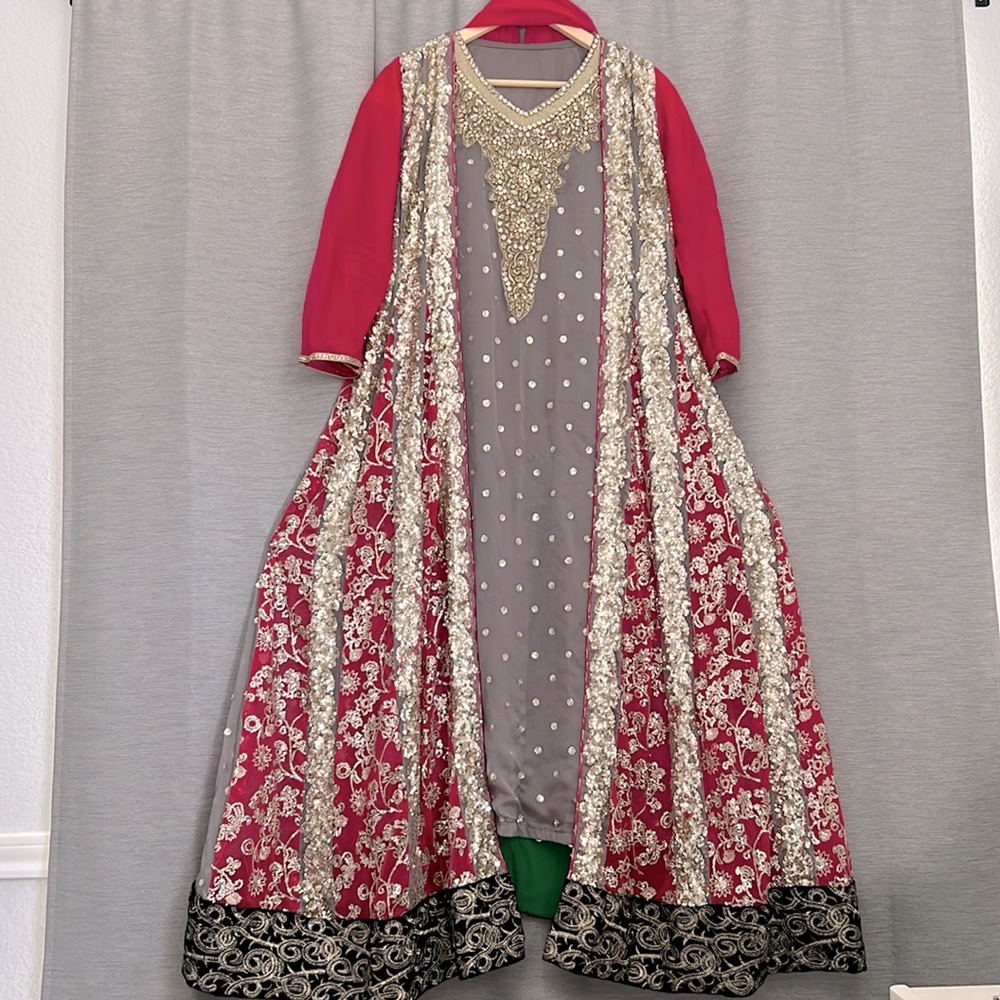 Pakistani hot pink and grey dress with heavy sequin embroidery